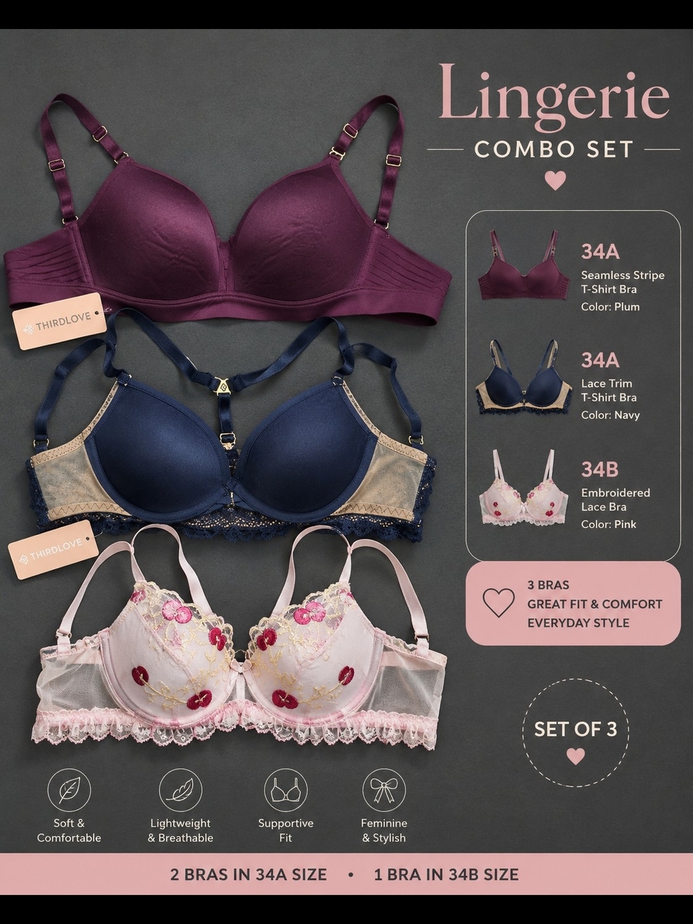 ThirdLove 3-Pack Bra Set in Plum, Navy & Pink